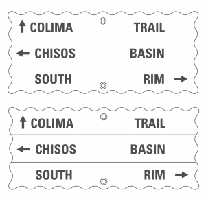 The proximity between unrelated words (e.g., Chisos and South) on this rendering of a sign at Big Bend National Park lends itself to misinterpretation. Grouping the related words in a common region would be a simple way to correct the sign.